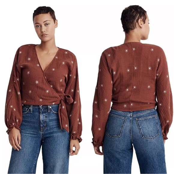 Madewell Tops - Madewell Lightspun Maira Wrap Top Blouse Size Large Cotton V Neck Rust Brown